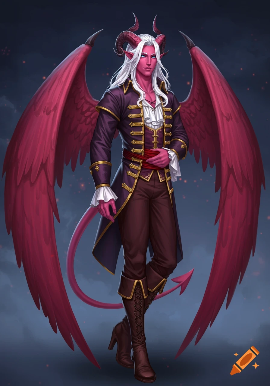 A pink-skinned, white-haired tiefling man with horns, red wings, and a tail, dressed in a purple pirate coat and heeled boots.