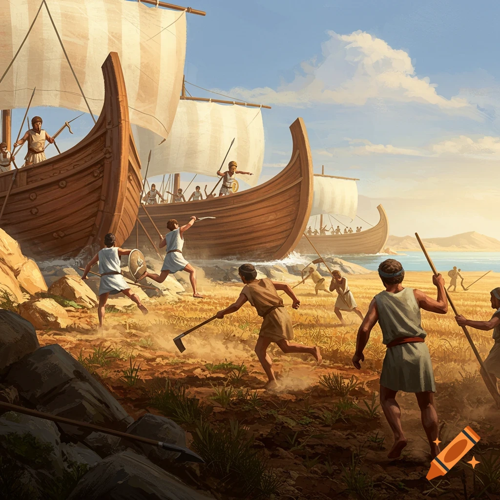 Ancient Greek sailors with spears disembark from wooden ships, running towards fleeing peasants with hoes, under a sunny sky in a painted style.