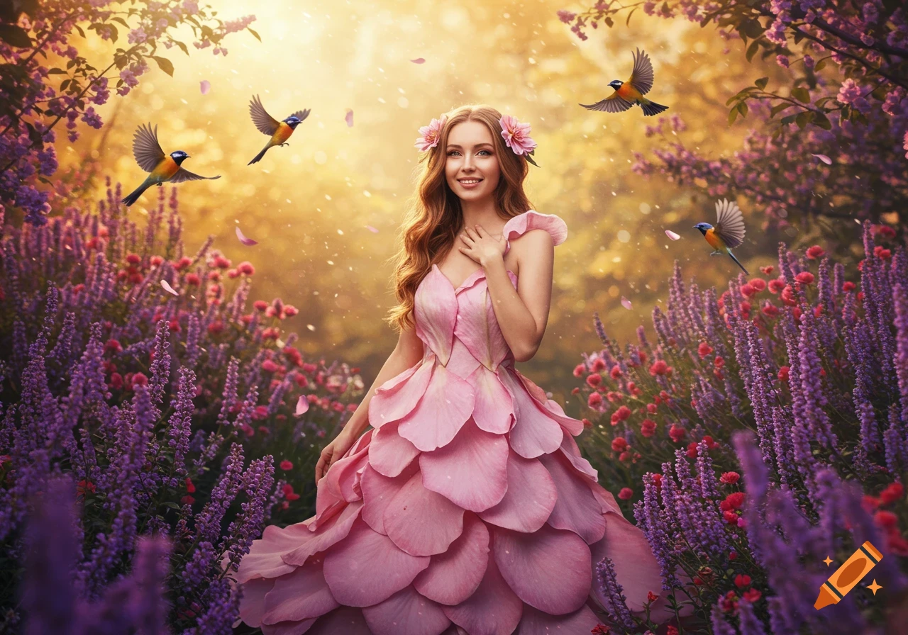 A smiling woman in a pink petal dress stands in an ethereal garden with purple flowers, golden light, and flying birds.