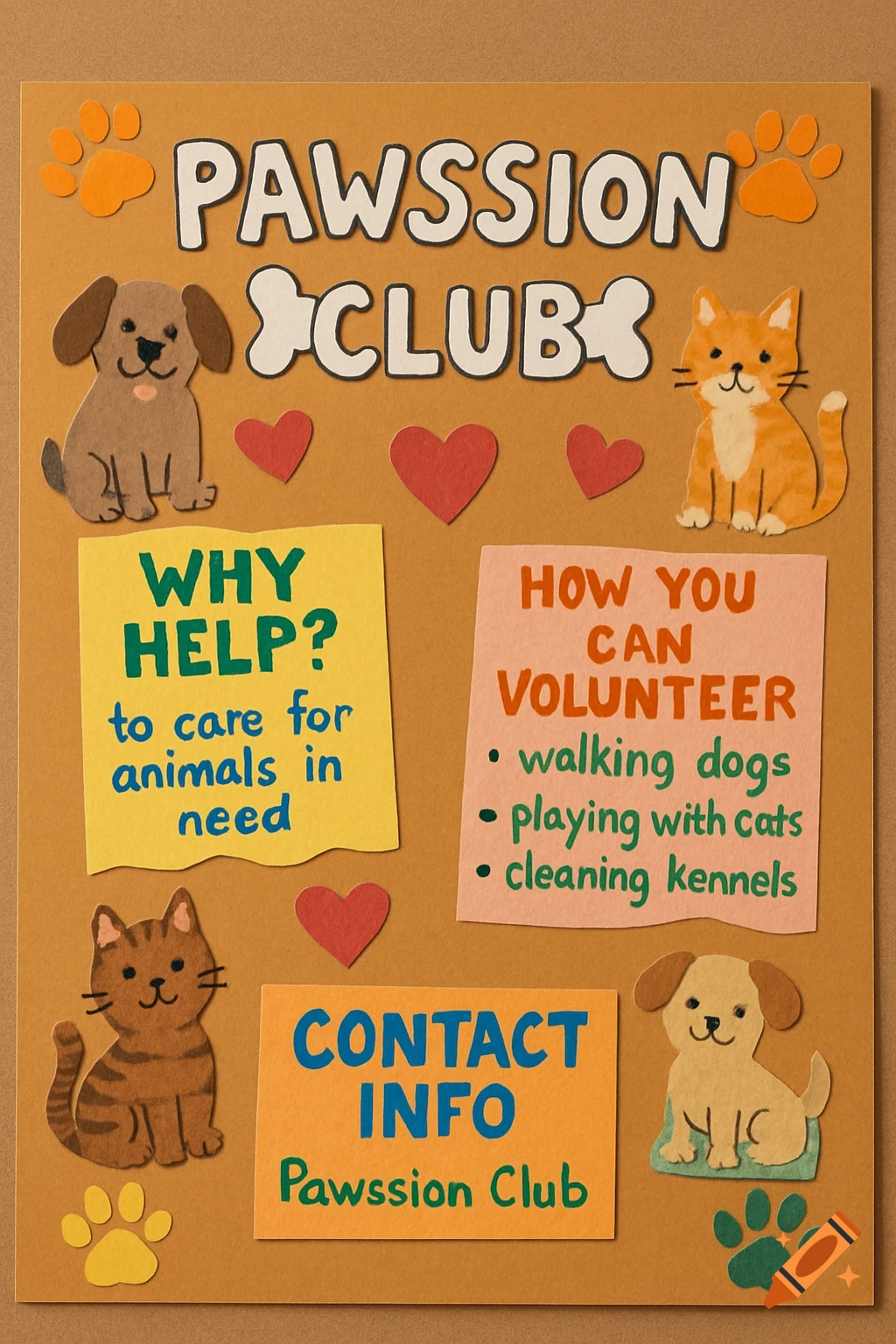 A handmade school project style poster for a "Pawssion Club" animal shelter. It features cut-out dogs, cats, paw prints, hearts, and sections like "Why Help?", "How You Can Volunteer", and "Contact Info" on a brown cardboard background.