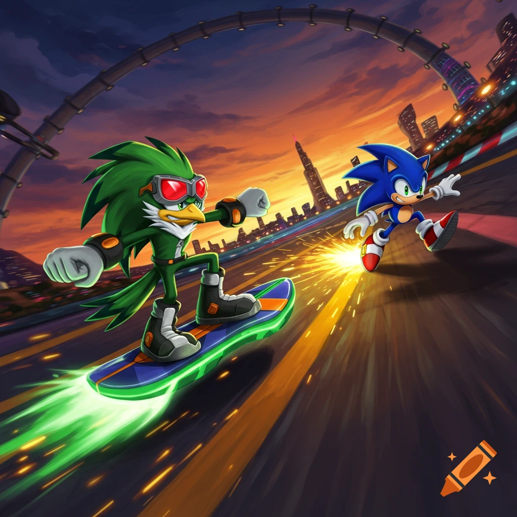 Jet the Hawk hoverboarding races Sonic the Hedgehog on a futuristic city track at sunset, dynamic cartoon style.