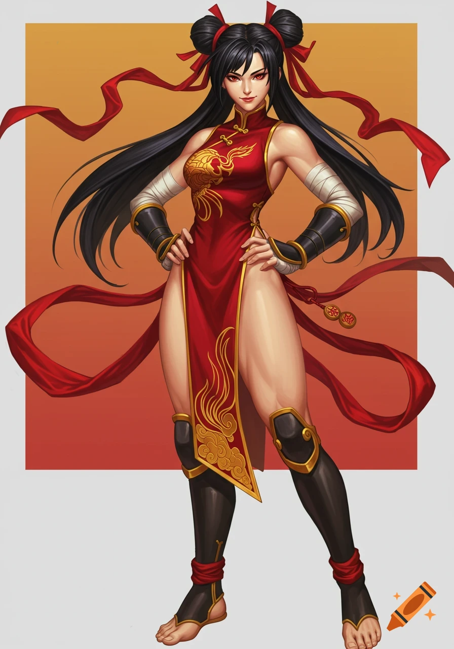 A confident female martial artist with black hair in twin buns, wearing a red and gold qipao-like outfit with high slits, black gauntlets, and greaves, posing against an orange background.
