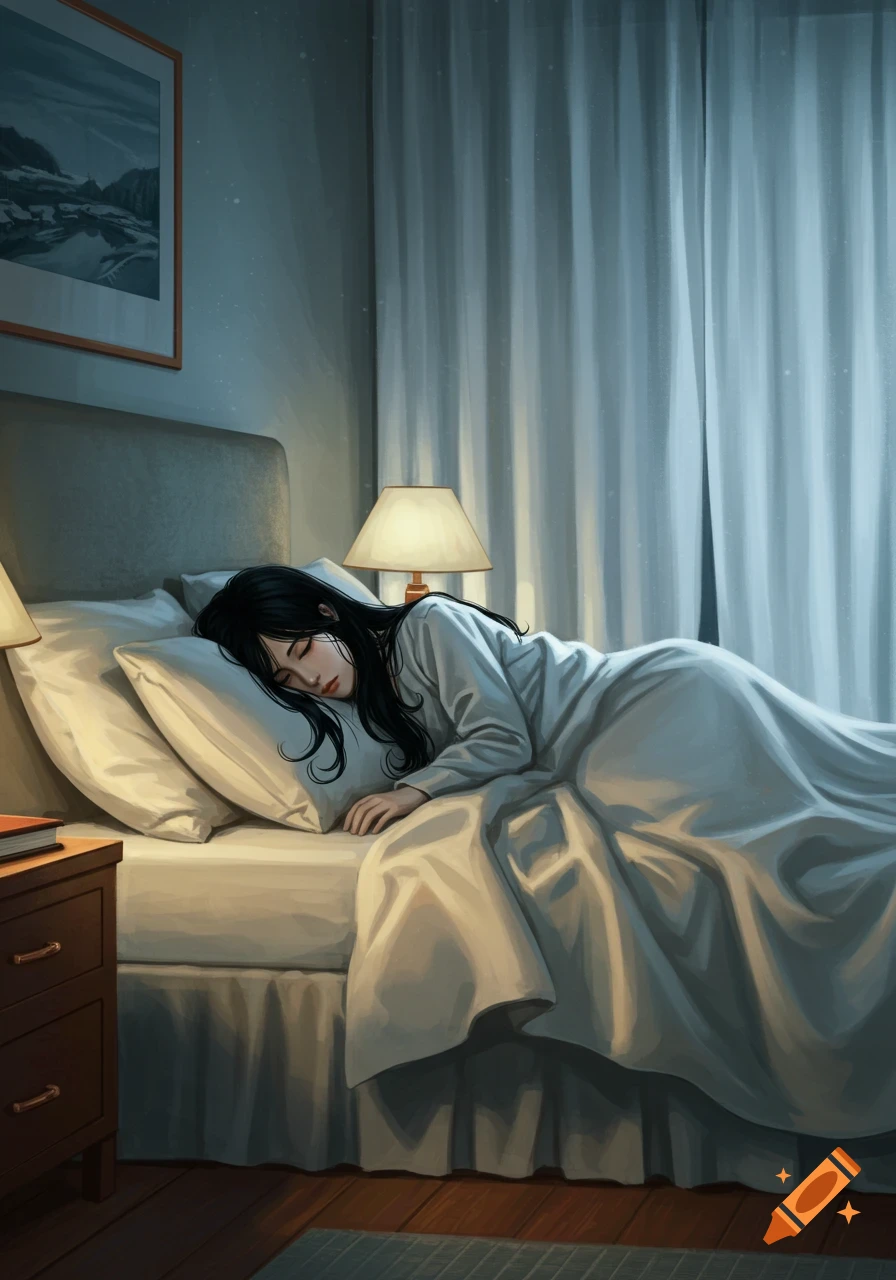 Illustrative painting of a young woman with black hair sleeping peacefully on her side in a cozy, dimly lit bedroom.