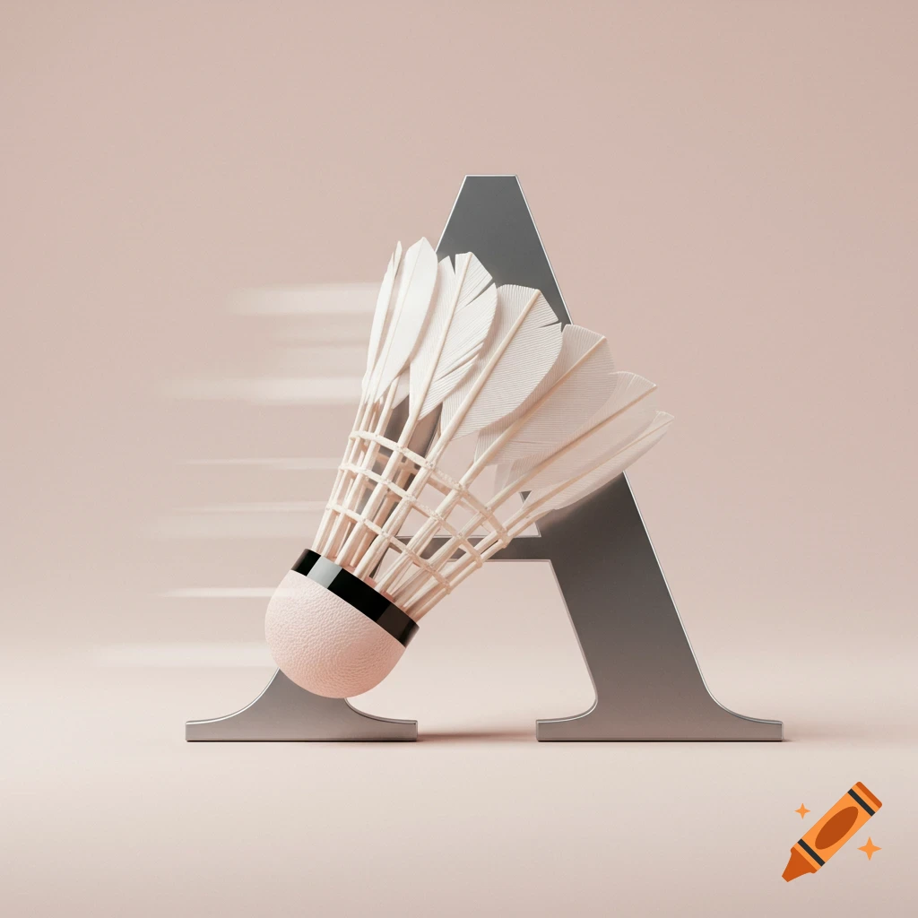 A white badminton shuttlecock with a pink base leans against a metallic gray letter A, with motion blur on a light pink background.
