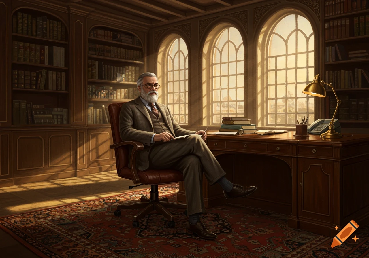 A distinguished older man with a beard and glasses sits in a grand library with large windows and bookshelves.
