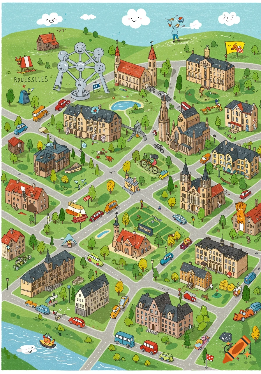 Cheerful cartoon city map of Brussels, showing the Atomium, churches, houses, cars, and small figures amidst green hills.