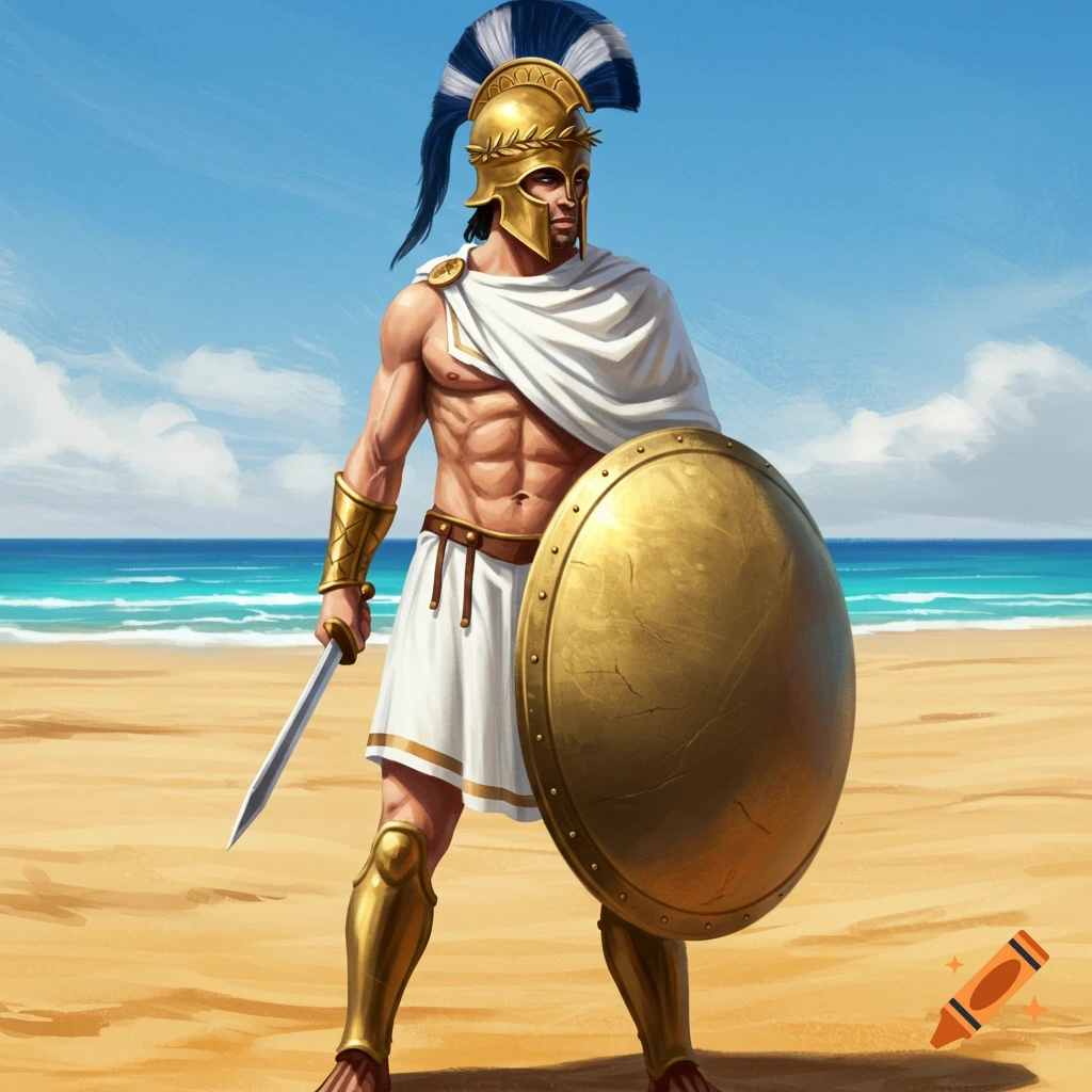 An ancient Greek soldier in golden armor and white tunic stands on a sandy beach, holding a sword and large golden shield. The ocean is in the background.