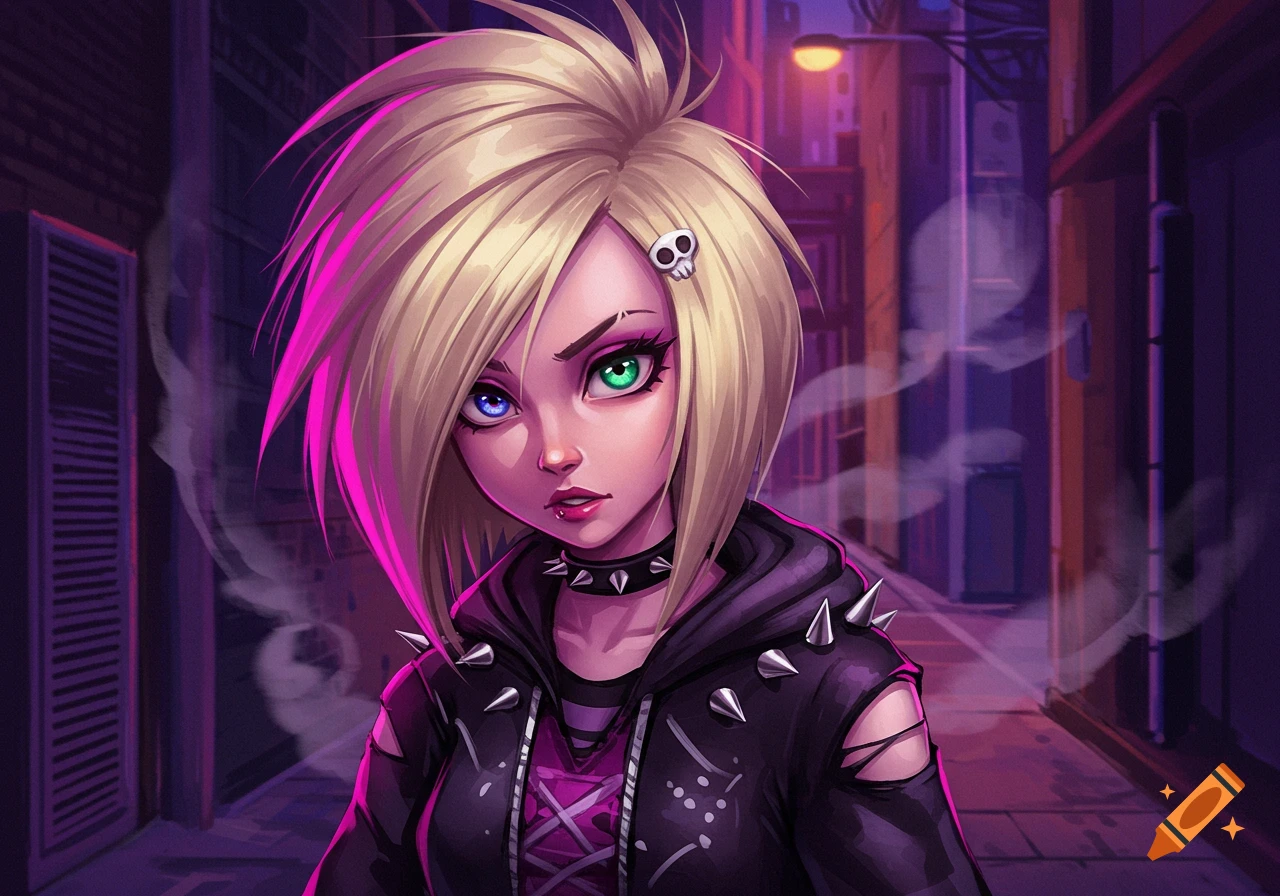 Manga-style punk girl with blonde hair, pink highlights, a skull clip, blue and green eyes, spiked collar, and ripped hoodie in a dark alley.