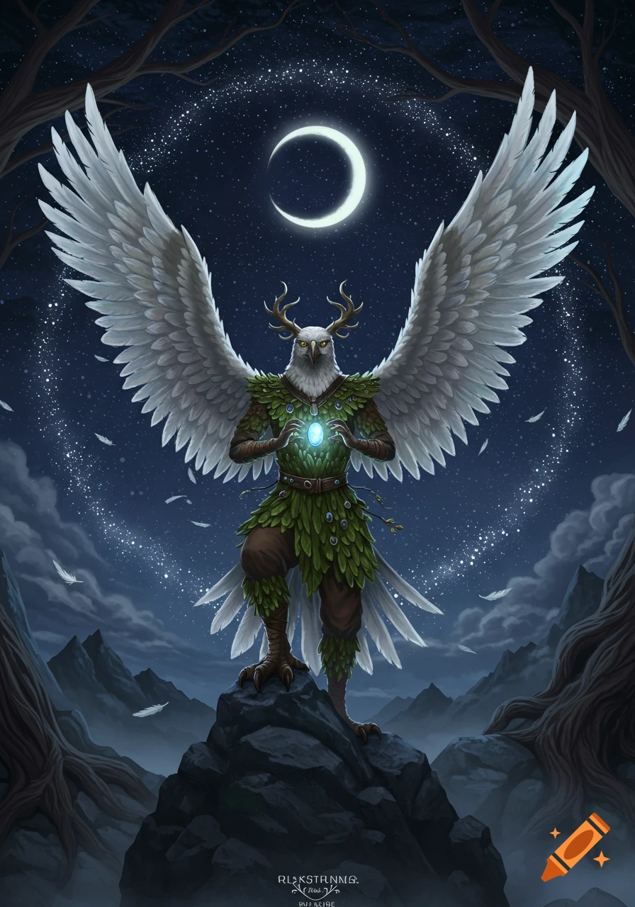 A majestic eagle-headed druid with large white wings and antlers, wearing leaf armor, holds a glowing orb under a crescent moon in a starry night forest.