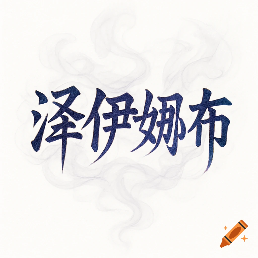 Stylized blue Chinese characters '泽伊娜布' with subtle smoke on a white background.