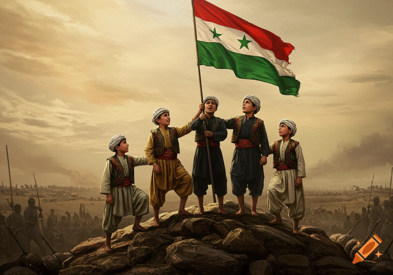 Five children in traditional dress raise a red, white, and green flag with two stars on a rocky hill, with a battlefield in the background, in a realistic painting style.