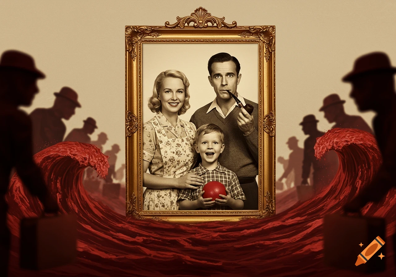 Photorealistic 1950s family portrait in a gold frame, surrounded by dark red waves and shadowy figures.