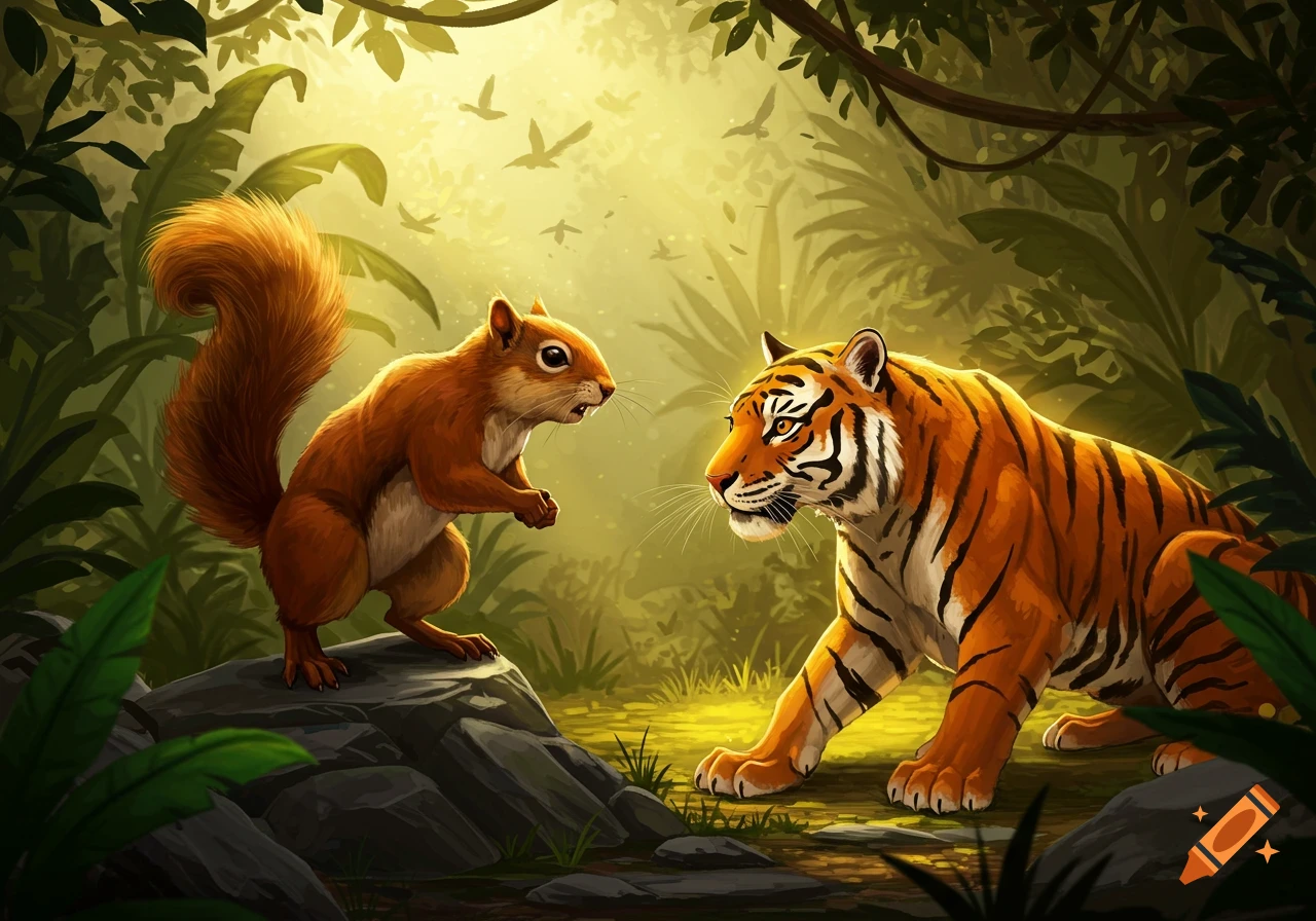 A stylized illustration of a squirrel standing on a rock, facing a tiger in a vibrant jungle.