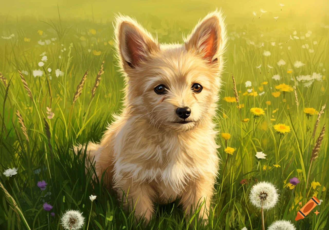 A fluffy light brown dog with pointy ears sits in a vibrant green meadow filled with yellow and white flowers, bathed in warm sunlight.