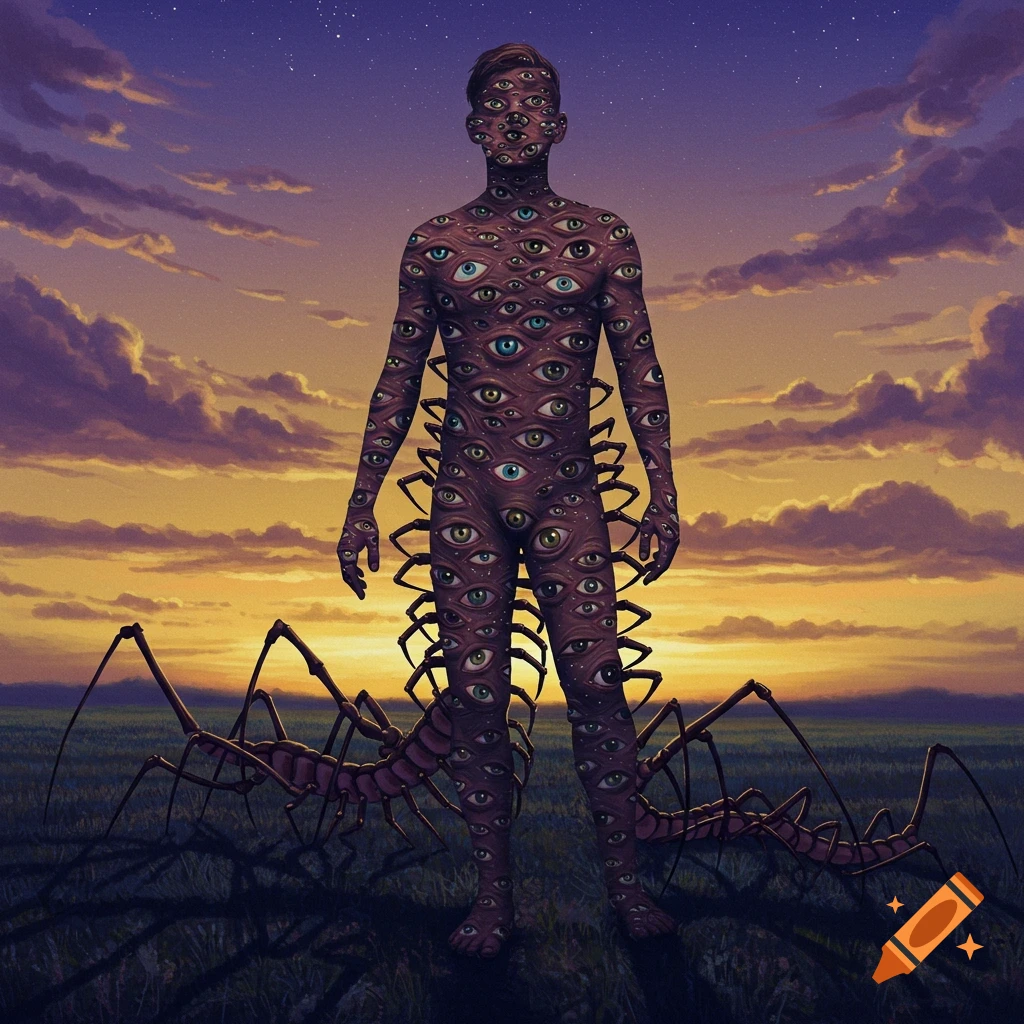 A surreal painting of a man covered in eyes and centipede legs, standing in a field at sunset.
