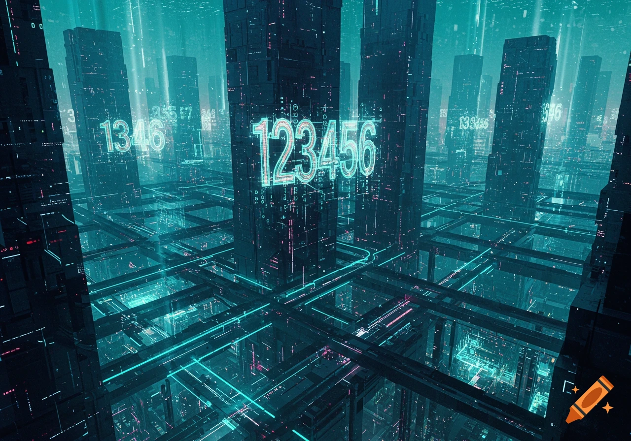 A neon-lit futuristic digital cityscape with glowing skyscrapers and a large number '123456' floating prominently in the foreground.
