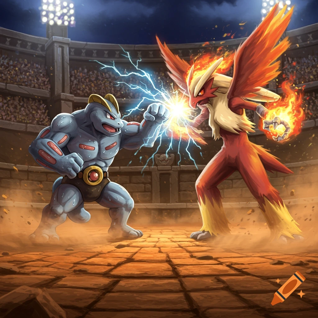 Machoke and Blaziken Pokémon engage in a dynamic battle in a gladiatorial arena, striking each other with electric and fire attacks.