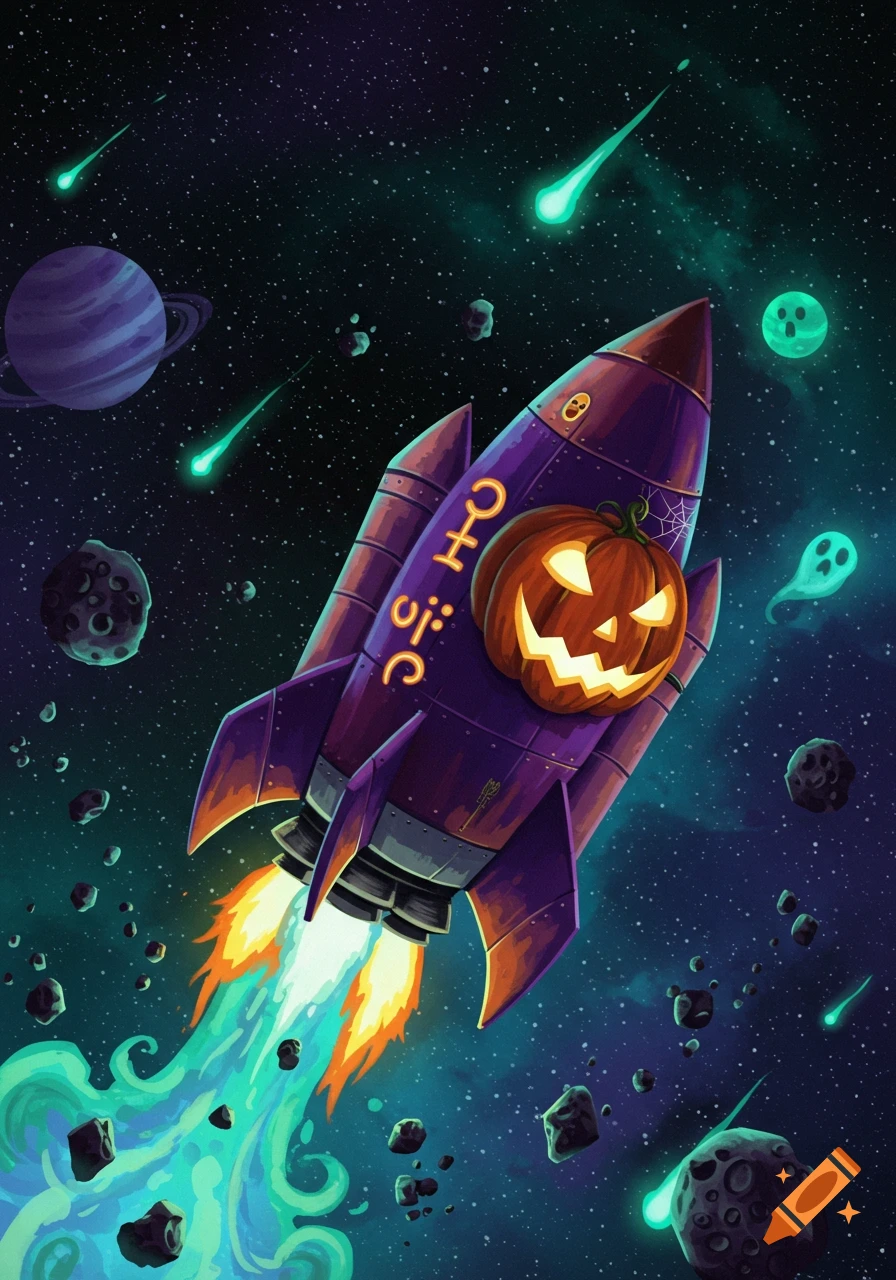 Illustration of a purple Halloween rocket with a jack-o'-lantern, flying through a starry space with planets, asteroids, and green ghosts.