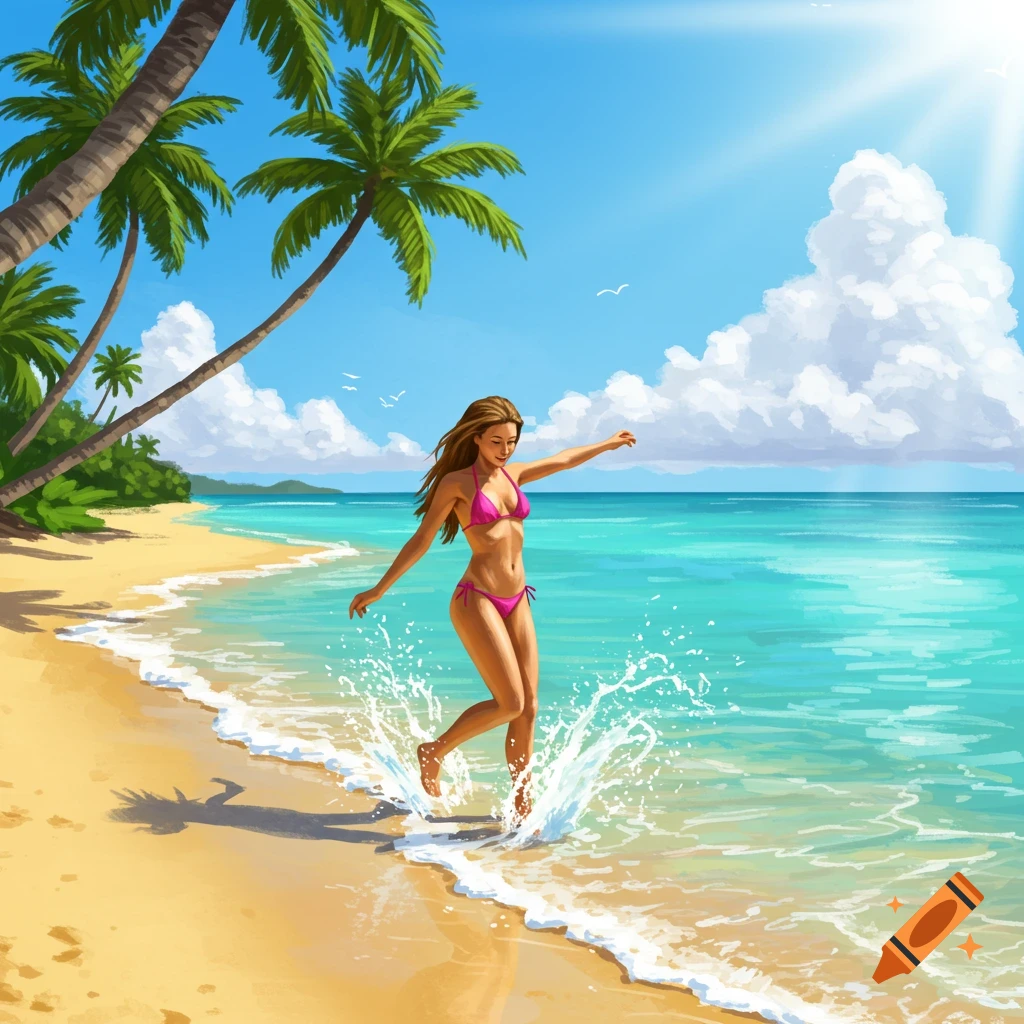 Stylized illustration of a woman in a pink bikini splashing in the shallow water on a sunny tropical beach with palm trees.