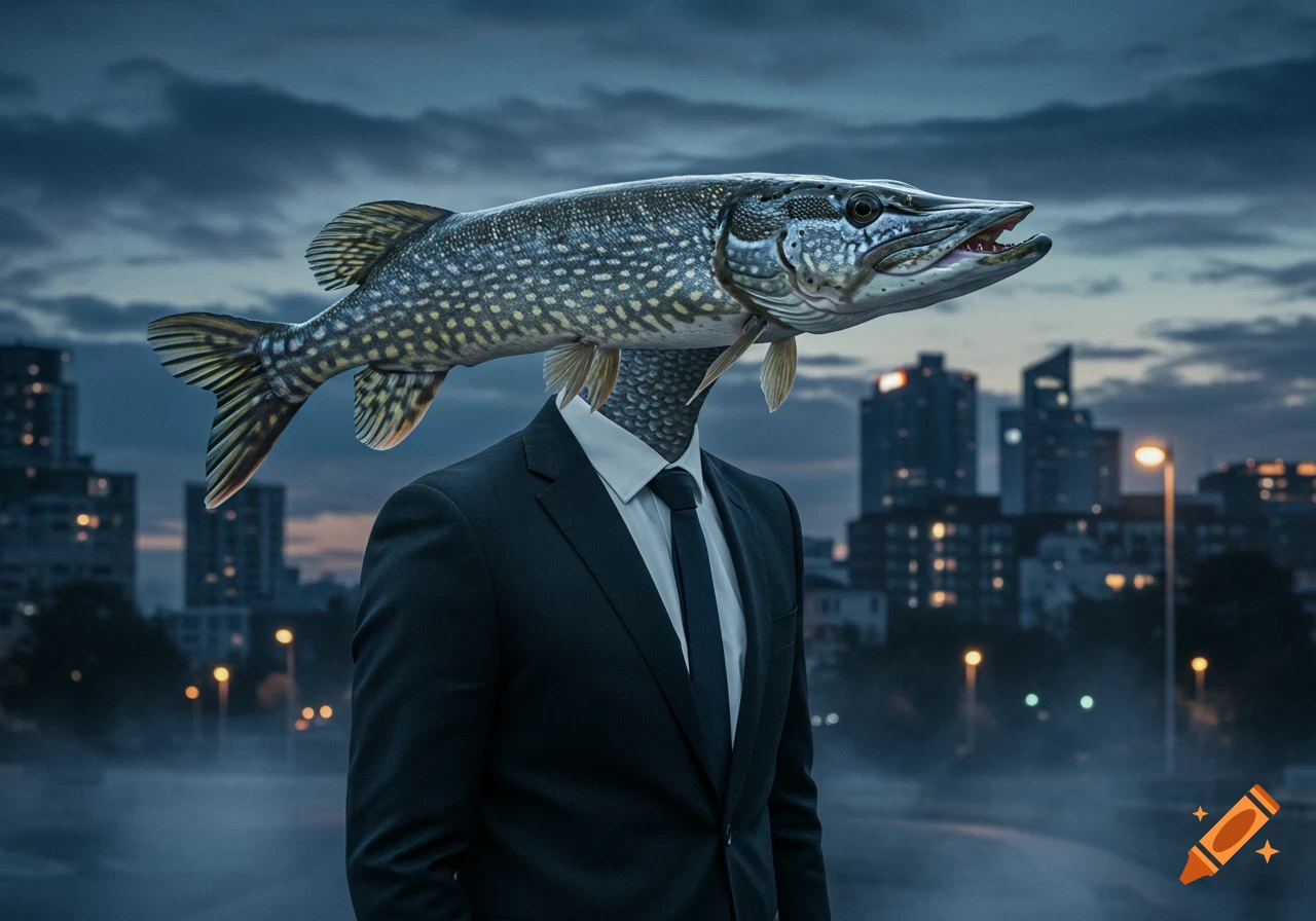 Photorealistic image of a man in a dark suit with a pike fish for a head, standing in a city at dusk.