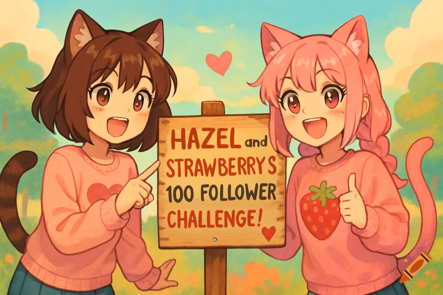 Two happy anime catgirls, one with brown hair and one with pink hair, point and give a thumbs-up next to a sign about a '100 follower challenge'.