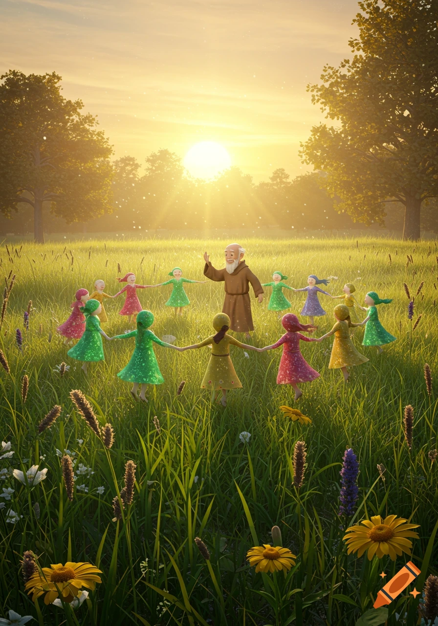An old man and a group of small, colorful figures dance in a circle in a sun-drenched meadow at sunset, in a whimsical style.
