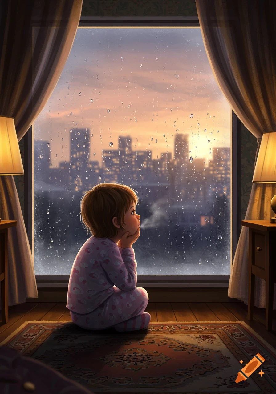 Illustrated child in pajamas sits by a window, looking at a rainy city at sunset.