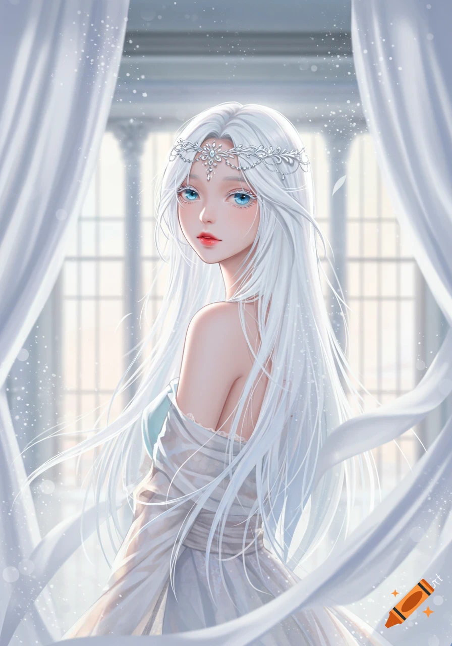 Anime-style white-haired girl with bright blue eyes in a white dress and tiara, looking back in an ethereal room.