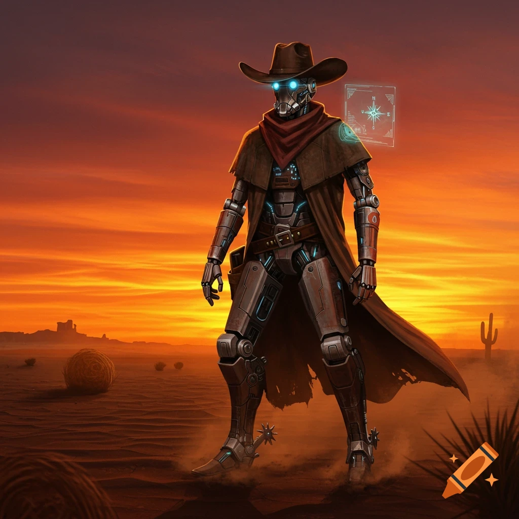 A detailed robot in a cowboy hat and duster coat stands in a desert at sunset, with glowing blue eyes and spurs.