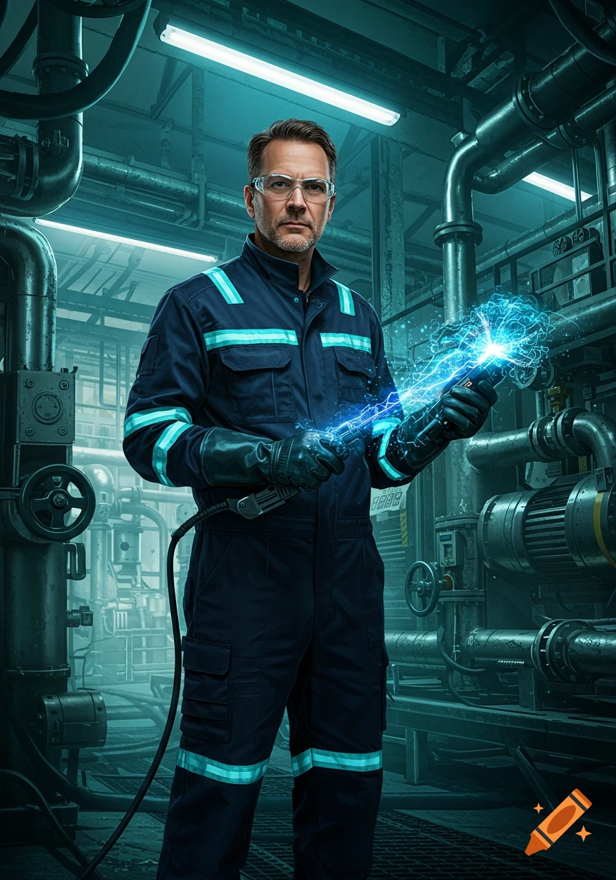 Photorealistic industrial technician in a factory, holding a tool sparking with blue electricity.