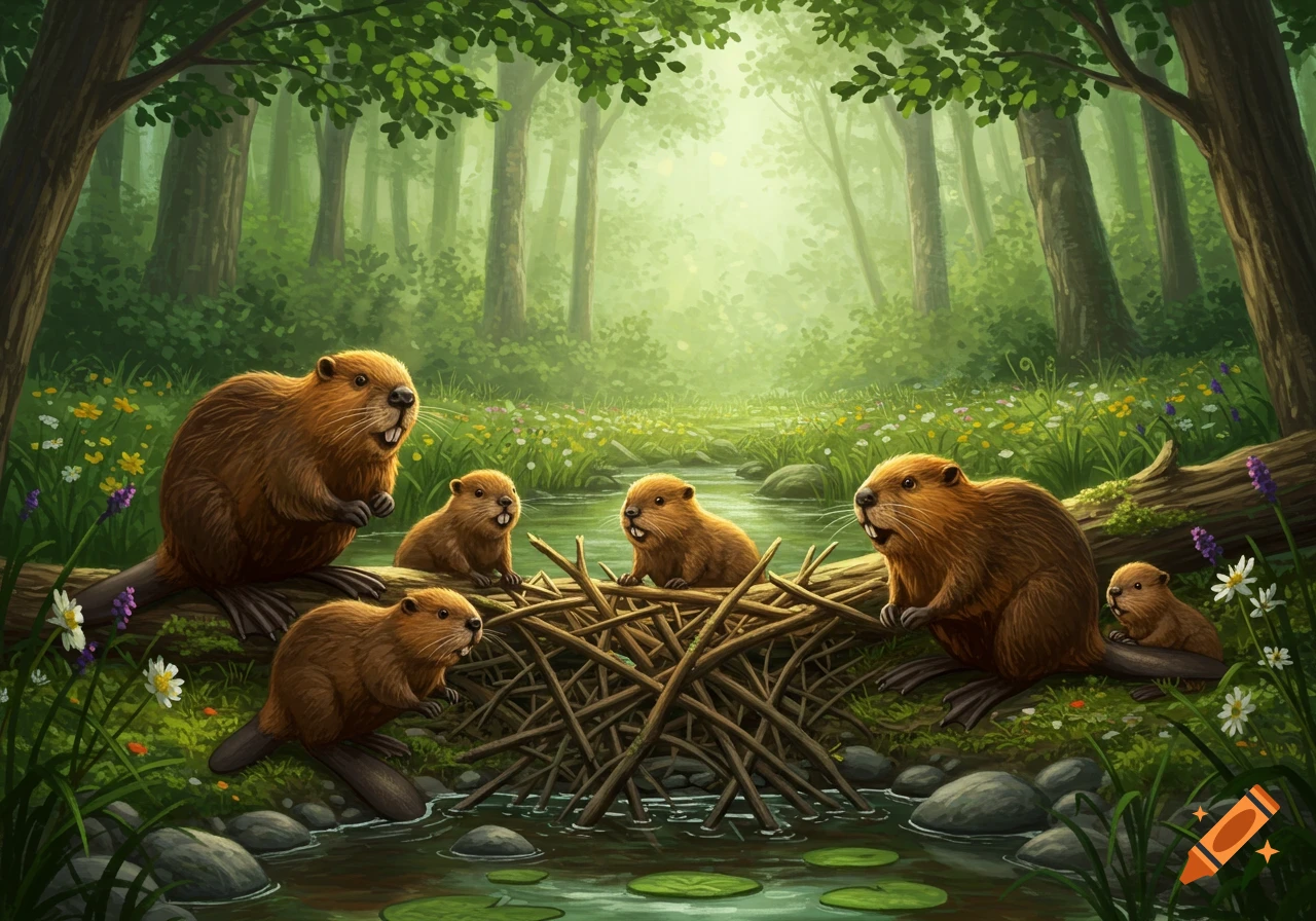 An illustration of several beavers, including cubs, by their lodge in a lush, green forest stream.