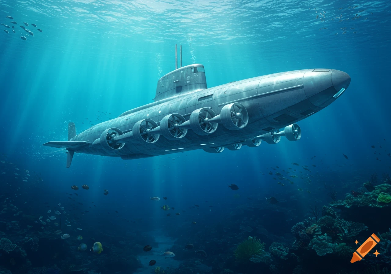 A futuristic submarine with multiple propellers glides through clear blue ocean water above a coral reef, with schools of fish.