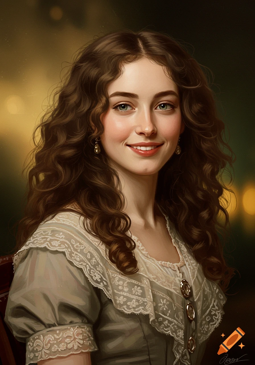 Portrait of a young woman with long curly brown hair and green eyes, smiling in a classical painting style.