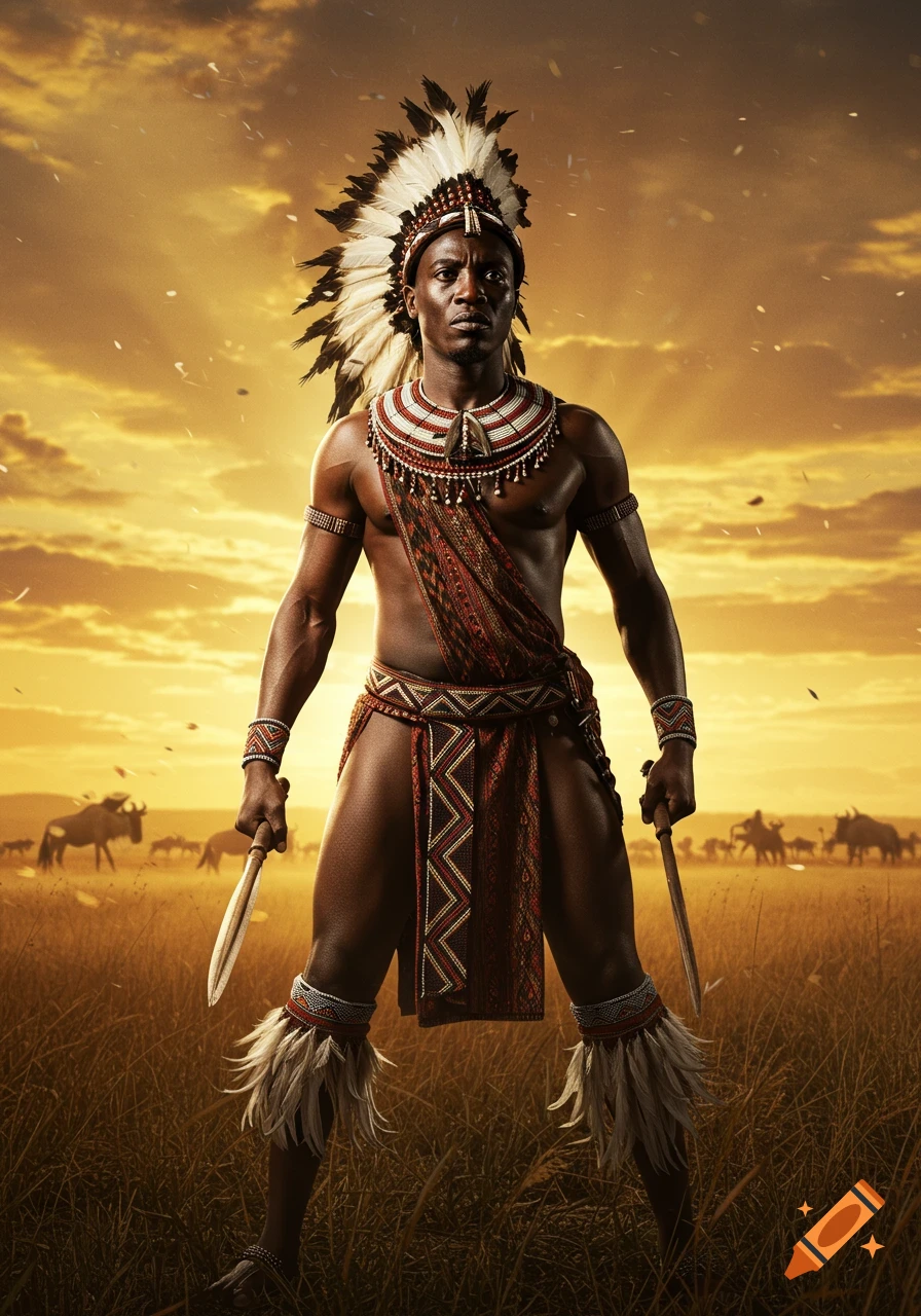 A powerful African warrior in traditional attire with a feathered headdress and beaded jewelry, holding spears in a golden savanna at sunset.