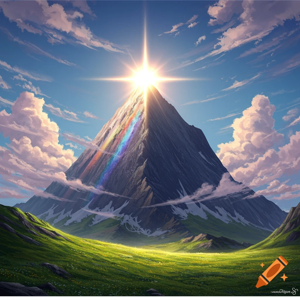 Vibrant anime-style landscape of a majestic mountain with a bright sun at its peak, casting a colorful rainbow down its side into a lush green valley under a blue sky.