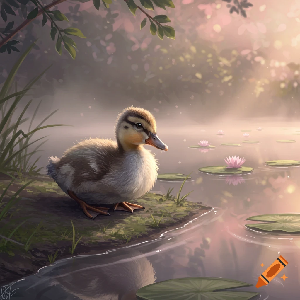 A fluffy duckling sits by a misty pond with pink water lilies, bathed in soft golden light, in a dreamy, illustrative style.