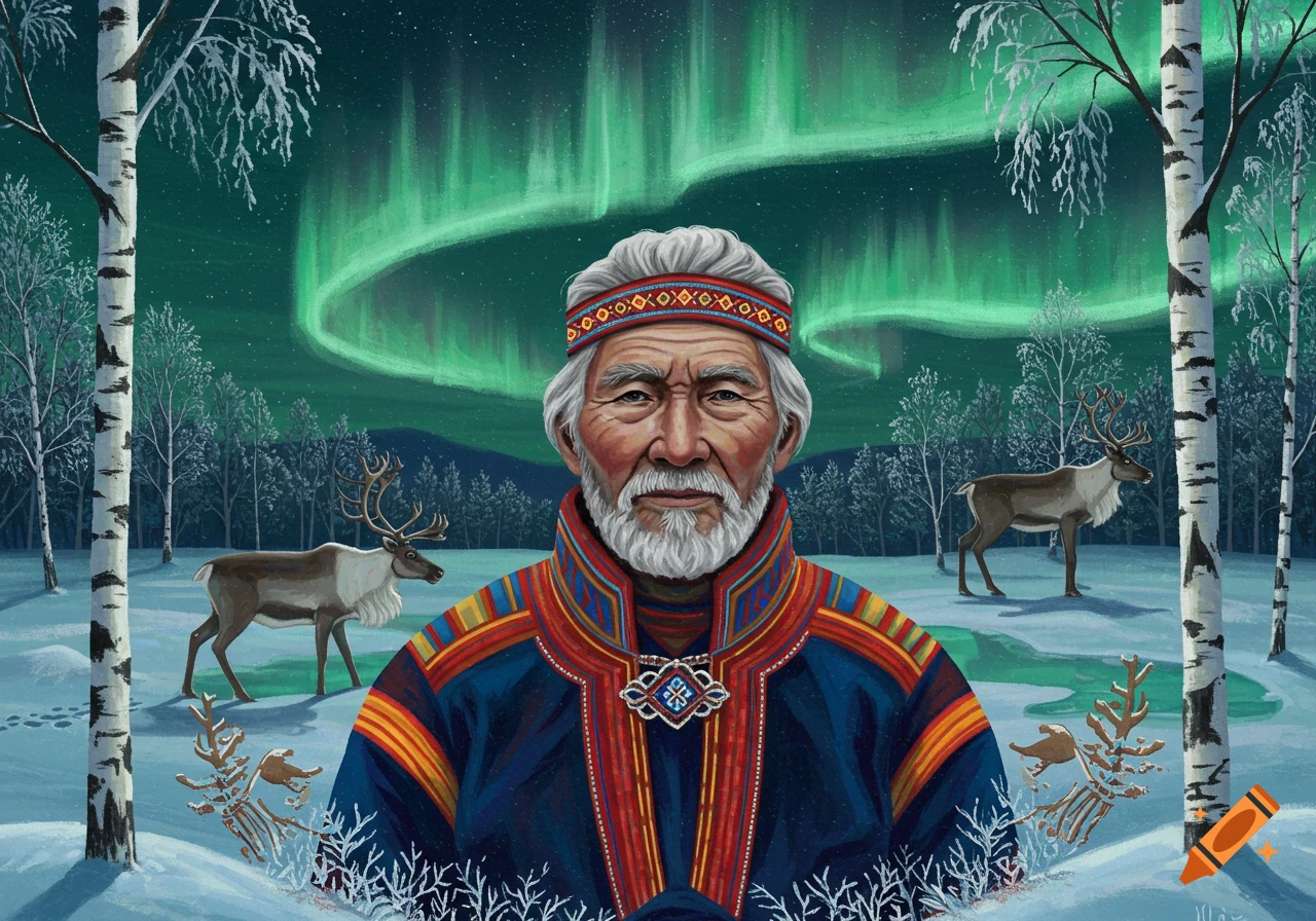 Illustration of an elderly Sami man in traditional clothing, standing in a snowy birch forest with reindeer and the aurora borealis.