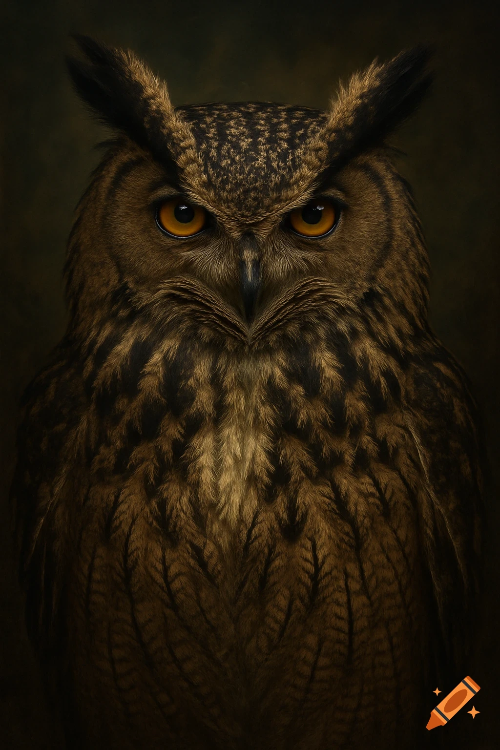 Close-up photorealistic portrait of an intense Eurasian eagle-owl with golden eyes against a dark background.