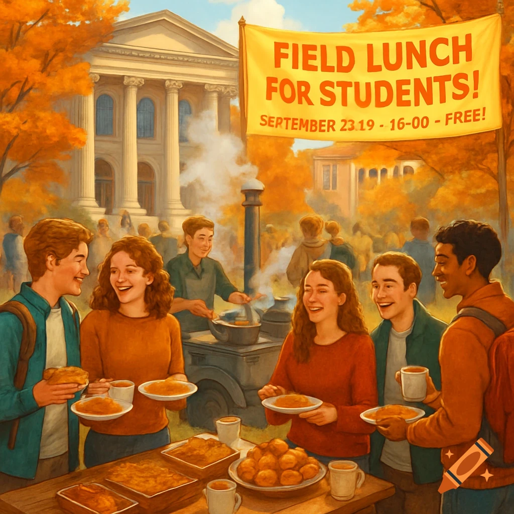 Smiling students gather for a field lunch on a sunny autumn day at a university, with food, steaming pots, and a banner.