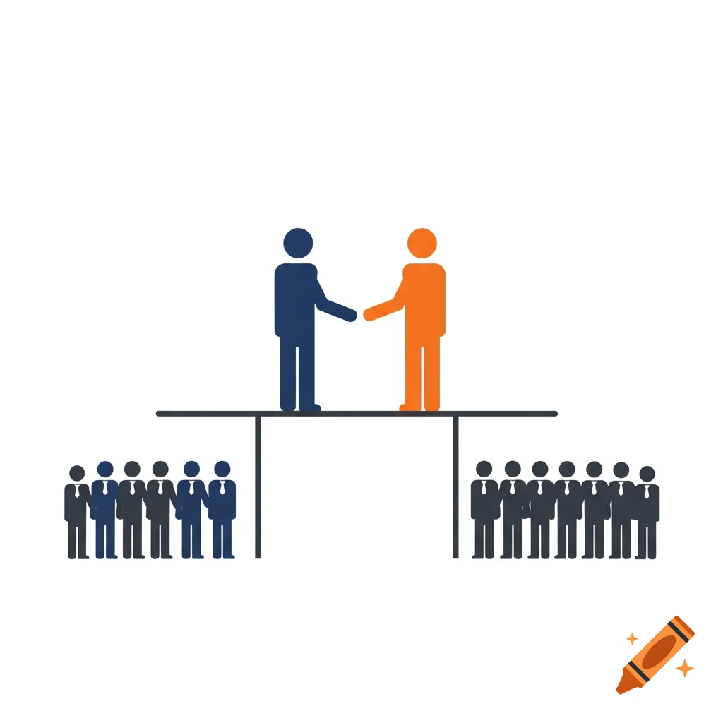 Minimalist flat vector icon of a blue and orange figure shaking hands on a bridge, with two groups of smaller figures below on either side.