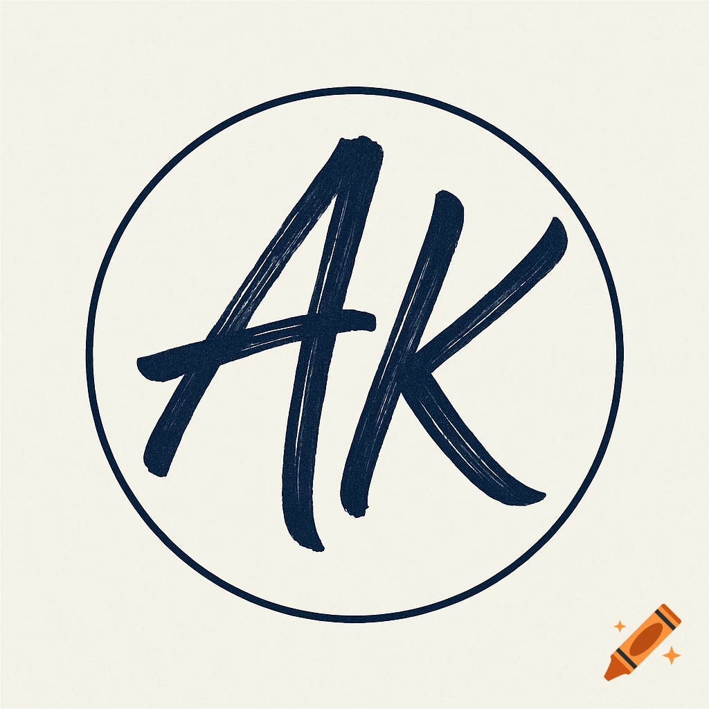 Minimalist navy blue brush-stroke letters 'AK' inside a thin circular outline on a cream background.