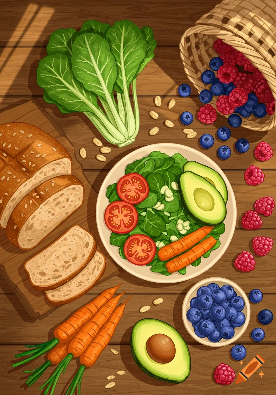 A vibrant illustration of healthy food including sliced bread, greens, carrots, avocados, tomatoes, blueberries, and raspberries on a wooden table.