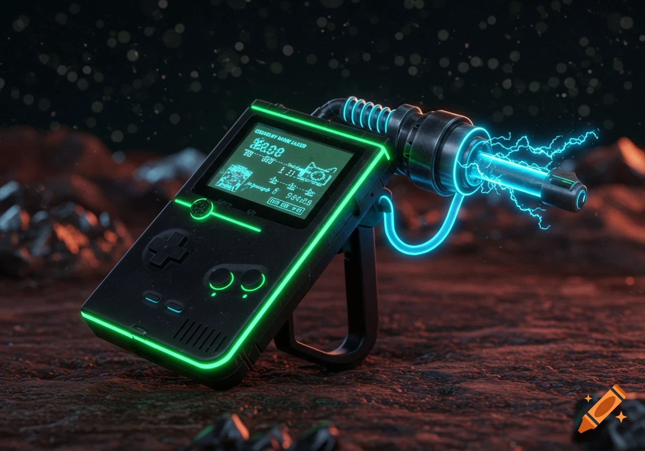 A futuristic black and neon green Game Boy-like mining laser, emitting blue lightning, rests on dark, rocky ground.