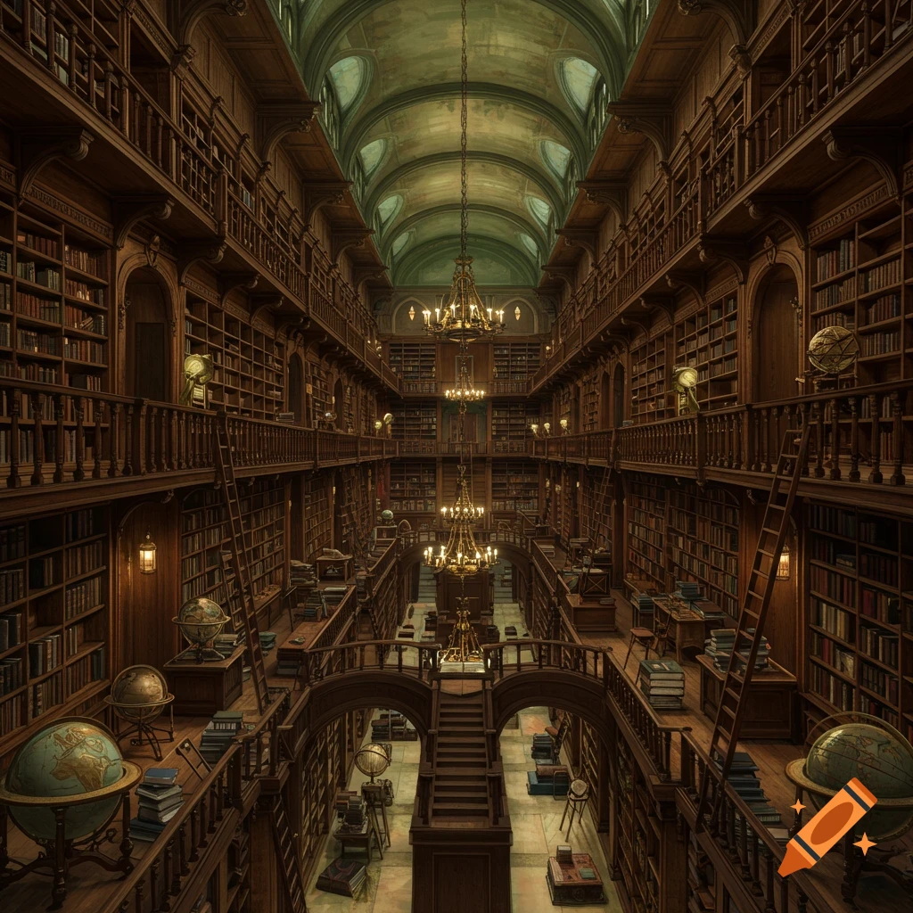 A vast, multi-tiered library hall with towering wooden bookshelves, numerous globes, ladders, and ornate chandeliers under a vaulted ceiling.