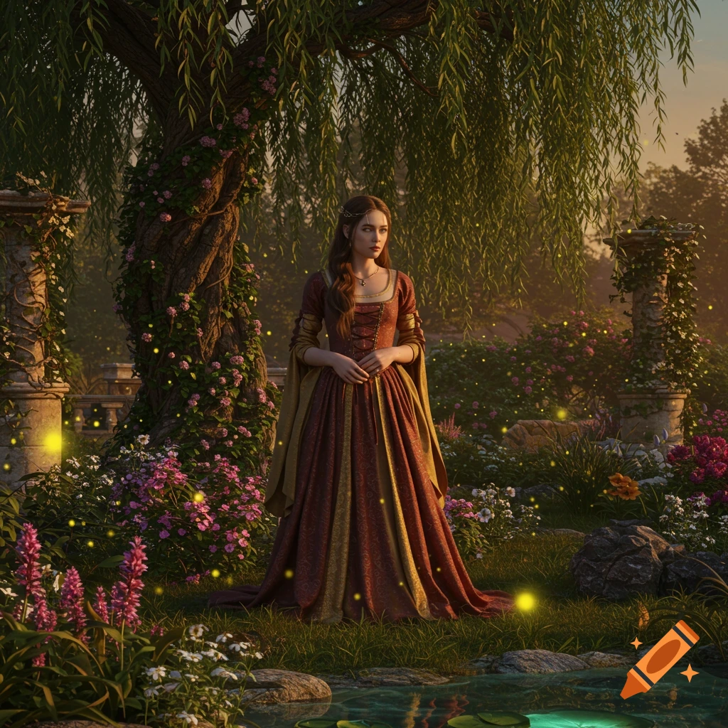 A woman in a red and gold gown stands in an enchanted garden with a willow tree, flowers, and glowing fireflies.