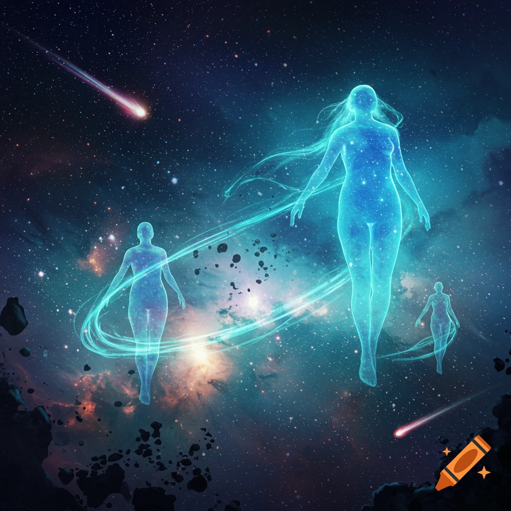 Glowing ethereal blue humanoid figures float in deep space with stars, nebulae, asteroids, and a shooting star.