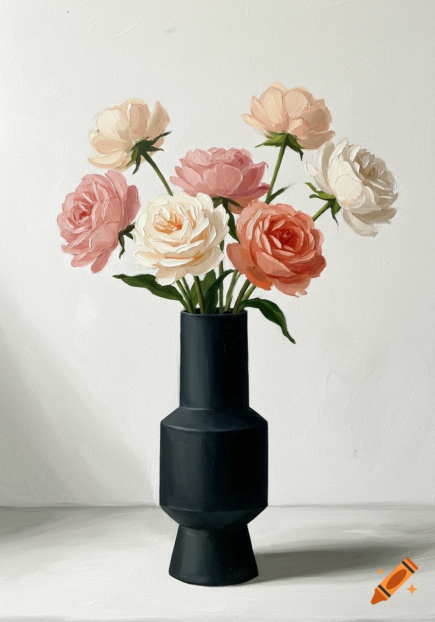 A painted still life of pink, cream, and peach roses in a dark gray minimalist vase against a white background.