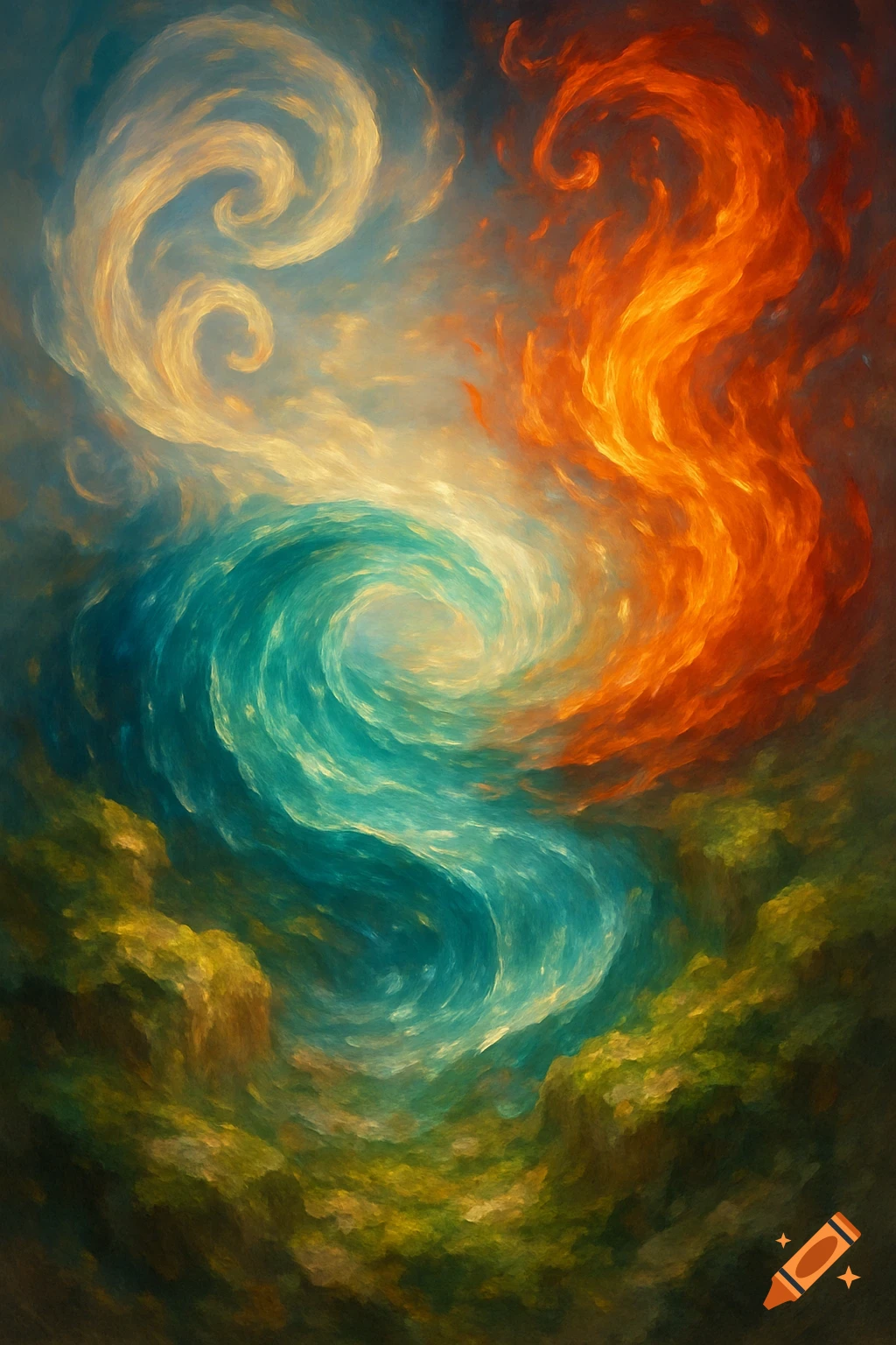 A painterly abstract artwork featuring swirling light, blue water, orange fire, and green earth at the bottom.