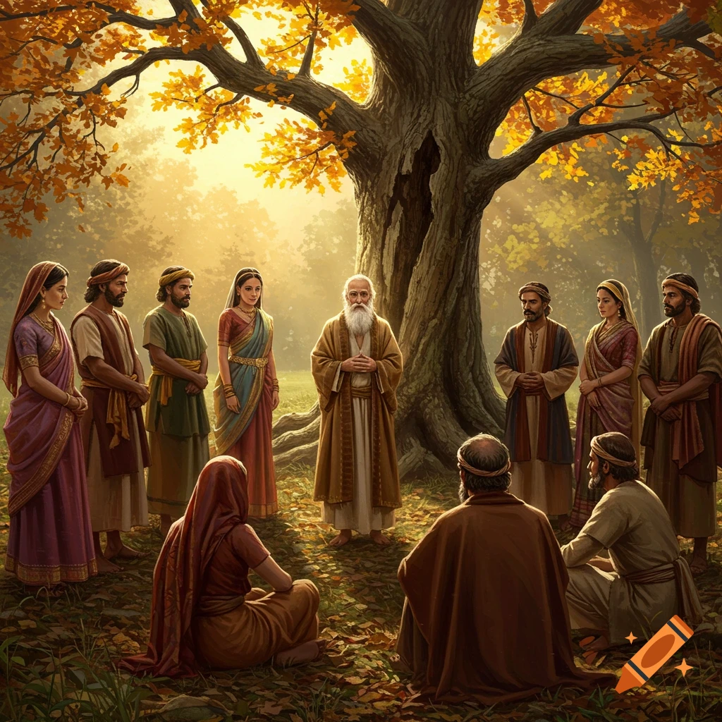 A wise old man with a white beard stands under a sunlit tree with golden leaves, addressing a reverent group in a historical painting style.