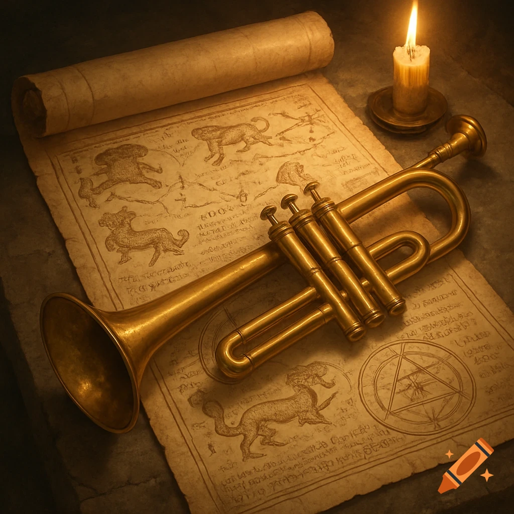 Golden trumpet on an ancient scroll with primitive drawings and illegible text, lit by a candle.